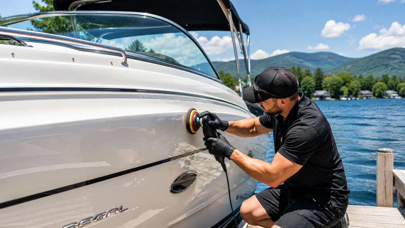 mobile boat detailing — polished gelcoat on a boat at Lake George in the Capital Region NY
