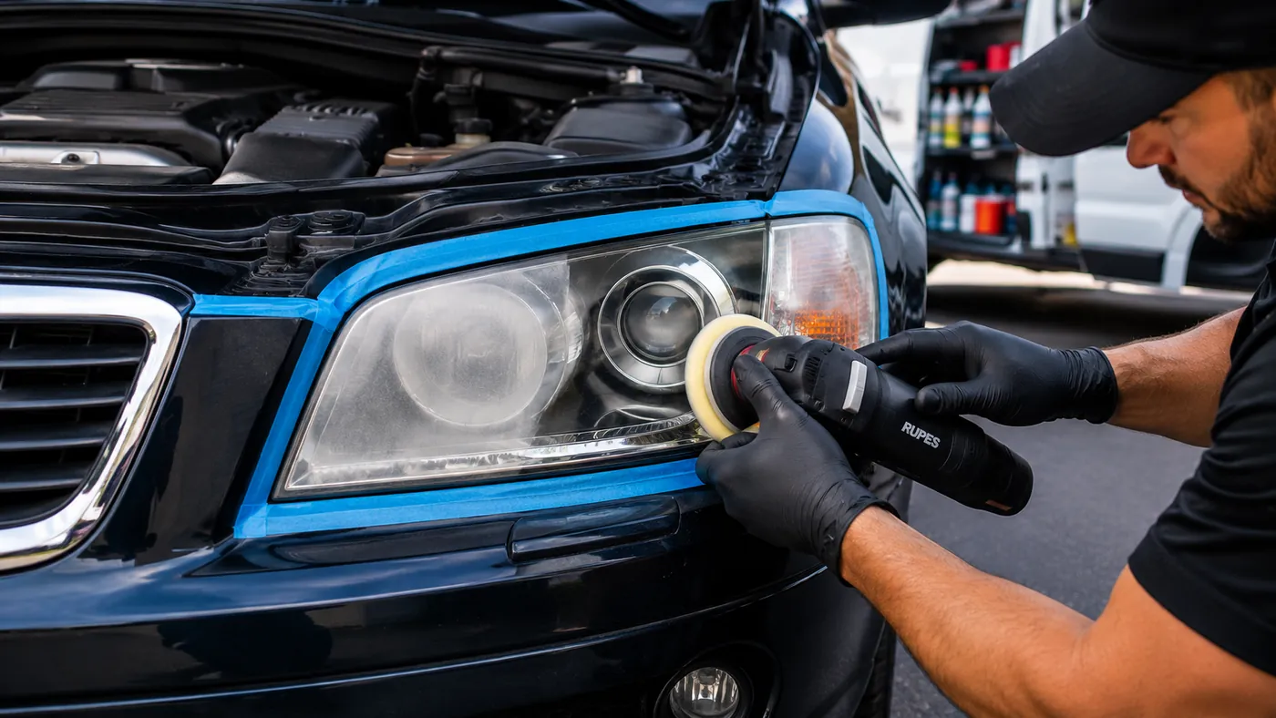 mobile headlight restoration in progress — sanding and polishing a cloudy lens in the Capital Region NY