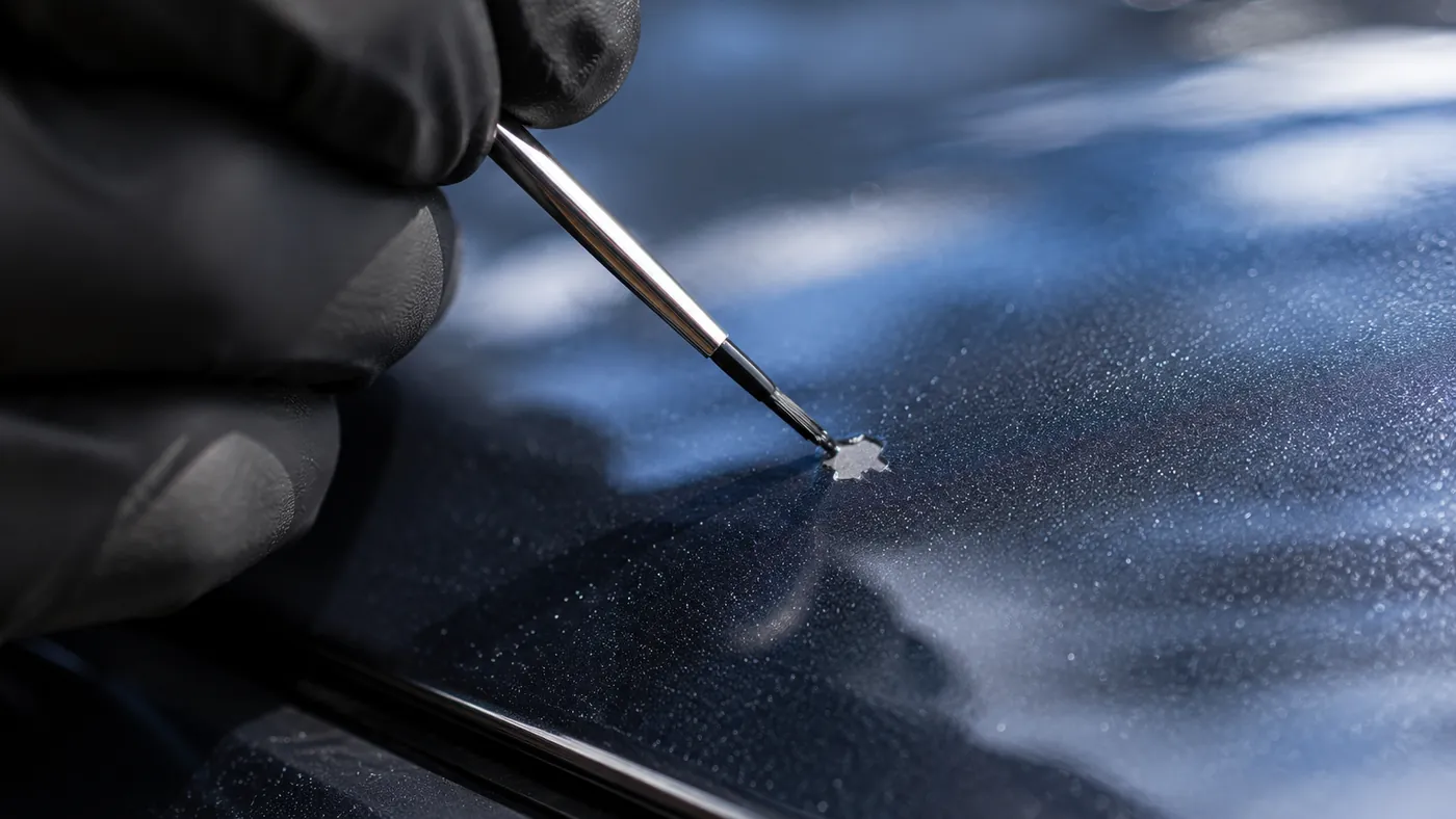 touch-up paint chip repair filling a rock chip on a car hood in the Capital Region — Albany NY